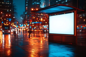 Leinwandbilder - blank billboard mockup at urban bus stop on a rainy night advertising space for marketing campaigns 