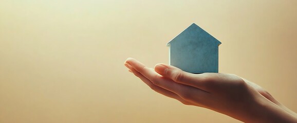 Poster - Conceptual Image of Home Ownership Hand Holding a Miniature House on a Beige Background Mortgage and Real Estate Theme : Generative AI