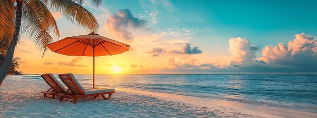 Poster - Tranquil Beach Scene at Sunset Lounge Chairs Palm Trees Ocean View Peaceful Paradise Summer Vacation Travel Destination  : Generative AI