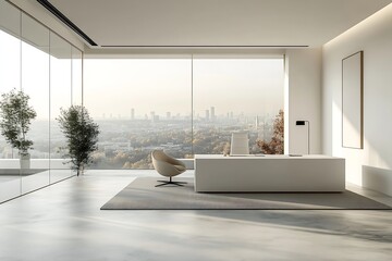 Leinwandbilder - Modern Minimalist Office Interior with City View Large Windows White Desk and Chair Clean Workplace Design : Generative AI