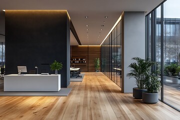 Poster - Modern Office Reception Area with Clean Lines and Natural Light Inviting Space for Business and Collaboration : Generative AI