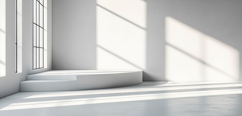 Aufkleber - Minimalist White Interior with Sunlight and Shadow Empty Stage Backdrop Architecture Modern Space Concept Design : Generative AI