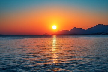 Aufkleber - Dramatic Sunset Over Ocean with Mountains in Horizon Golden Hour Reflection on Water Scenery for Travel or Vacation : Generative AI