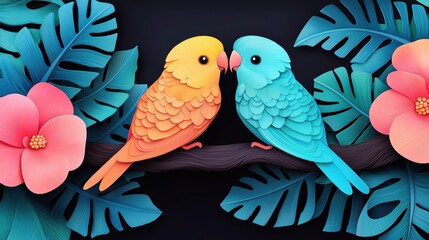 Lover Pair of lovebirds sitting on a tree branch surrounded by lush green leaves and colorful flowers.