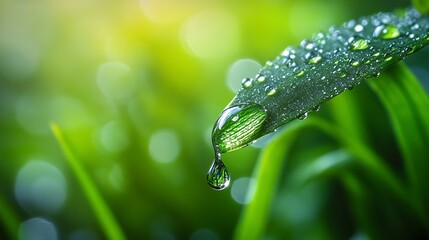 Poster - Macro Shot of Water Droplet Hanging from Green Leaf with Bokeh Background Serene Nature Dew Photography : Generative AI