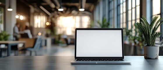 Fototapete - Modern Office Workspace Laptop with Blank Screen on Desk Natural Light and Plants for Mockup and Workplace Concept : Generative AI