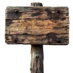 Poster - Rustic Wooden Sign on White Background Empty Wood Plank for Text Weathered Old Timber Notice Board Template Isolated : Generative AI