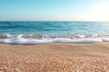 Aufkleber - Calm Ocean Scenery Beach at Sunrise Sand in Foreground and Clear Blue Horizon Tranquility Nature Photography : Generative AI
