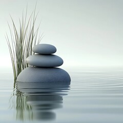 Poster - Zen Stones Stacked on Calm Water with Reflections and Green Reed Grass in Serene and Minimalist Scene : Generative AI