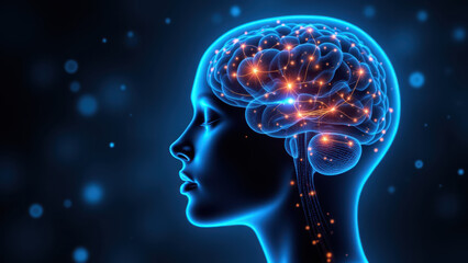 Wall Mural - Vagus Nerve Stimulation visualized with a human head silhouette and glowing brain imagery.