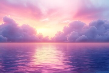 Fototapete - Pastel Pink and Purple Sunset Over Calm Water Reflective Ocean Sky with Clouds Serene Landscape Scenery Background Meditation : Generative AI
