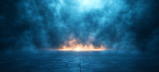 Poster - Dramatic Smoke and Light Abstract Background Fire Flames on Dark Tiled Floor Intense Energy Ethereal Vapor Stage : Generative AI