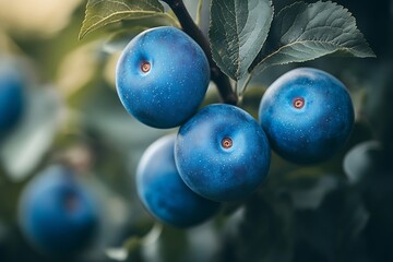Aufkleber - Close Up of Ripe Blue Plums on Tree Branch in Summer Garden : Generative AI