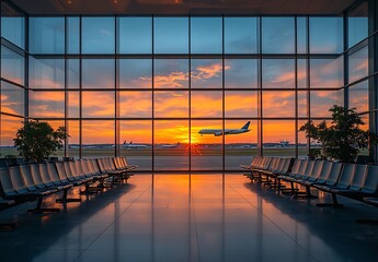 Poster - Airport Waiting Area with Large Windows Sunset Airplanes and Empty Seats for Travel Aviation and Tourism : Generative AI