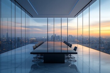 Poster - Modern Office Conference Room with City View Sunset Skyline Corporate Interior Design and Business Meeting Space : Generative AI