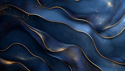 Fototapete - Luxurious Dark Blue and Gold Wavy Background with Sparkle Elements : Generative AI