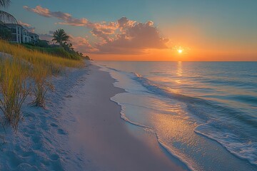Aufkleber - Serene Beach Sunset Tranquil Ocean Waves and Warm Golden Light Coastal Paradise and Tropical Getaway : Generative AI