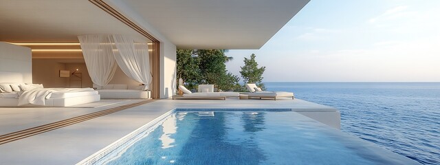 Poster - Luxury Villa with Ocean View and Infinity Pool Minimalist Design for Relaxing Vacation and Tropical Getaway Dreams : Generative AI