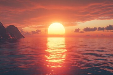 Aufkleber - Scenic Sunset Over the Ocean with Vibrant Orange and Red Skies Reflecting on Calm Water : Generative AI
