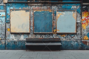 Poster - Grungy Urban Wall with Empty Frames and Bench Weathered Building Facade and Street Scene Abandoned Vintage Urban Landscape : Generative AI