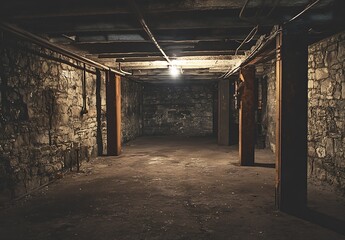 Leinwandbilder - Spacious Underground Room with Industrial Vibe Featuring Stone Walls and Bright Utility Light : Generative AI