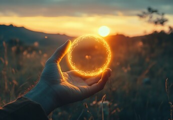 Poster - Hand Holding Glowing Orb at Sunset Concept of Connection Technology and Spiritual Energy : Generative AI
