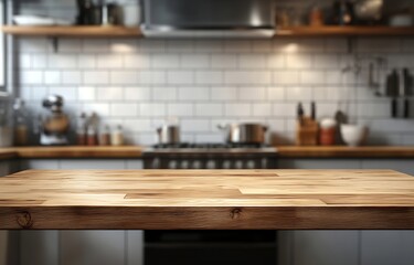 Aufkleber - Empty Wooden Tabletop with Blurred Kitchen Background for Product Display and Mockup Rustic Counter with Appliances : Generative AI