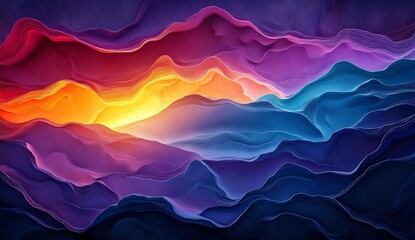 Aufkleber - Dynamic abstract landscape showcasing vibrant colors in rolling waves of mountains and a stunning sunset effect : Generative AI
