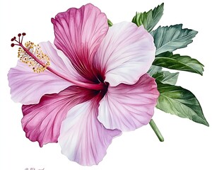 Poster - Stunning Watercolor Painting of a Pink and White Hibiscus Flower Surrounded by Greenery : Generative AI