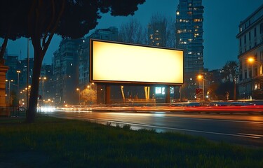 Aufkleber - Blank Billboard at Night in City with Street Lights and Traffic Advertisement Mockup Urban Landscape Dark Night Long Exposure : Generative AI