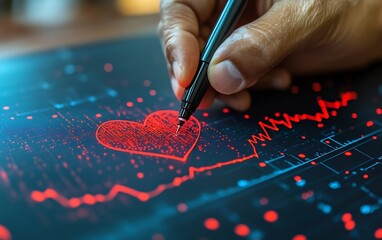 Fototapete - Closeup Hand Drawing Red Heart on Digital Screen with Data Chart Valentine's Day Concept : Generative AI