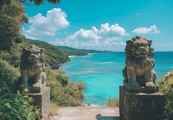 Wall Mural - Scenic Ocean View Featuring Two Stone Lion Statues Overlooking a Tranquil Emerald Bay with Lush Hills in the Background : Generative AI