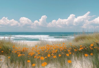 Aufkleber - Vibrant orange flowers blooming on sandy beach against a backdrop of turquoise ocean waves : Generative AI
