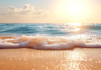 Leinwandbilder - Serene Beach Scene with Golden Sunlight Sparkling on the Waves Perfect for Summer Vacation Imagery : Generative AI