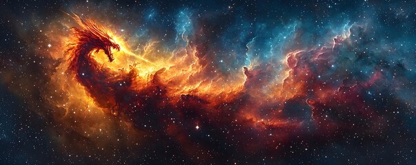 Wall Mural - A fiery dragon shaped nebula amidst a cosmic galaxy backdrop