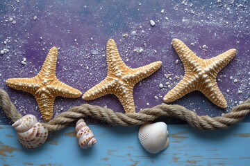Poster - Beach Themed Still Life with Starfish Seashells and Rope on Textured Background for Summer and Nautical Designs : Generative AI