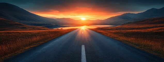 Aufkleber - Scenic Route Empty Road Leading to a Mountain Sunset at Dusk Golden Hour Adventure Travel Serene Landscape : Generative AI