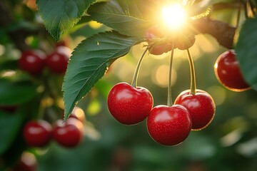 Aufkleber - Juicy Red Cherries on the Branch with Sunlight Bursting Through Leaves Fresh Summer Harvest Fruit Close Up : Generative AI