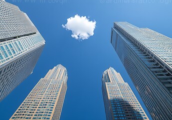 Poster - Stunning urban skyline perspective with towering buildings under a vibrant blue sky : Generative AI