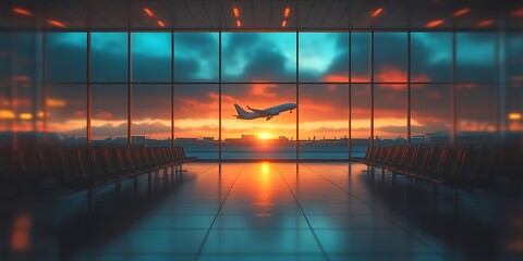 Poster - Airplane Taking Off at Sunset Airport Terminal Window Silhouette Stunning View Travel Destination Beauty : Generative AI