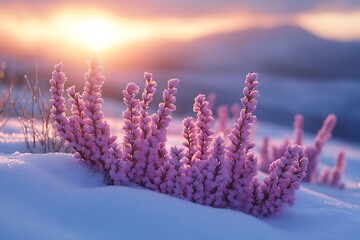 Aufkleber - Frosty Pink Heather Plant in Snow at Sunrise Winter Landscape Nature Photography Cold Weather Early Morning Light : Generative AI