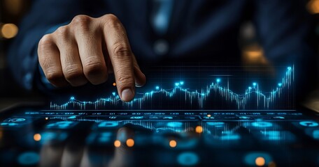 Aufkleber - Financial Stock Market Analysis with Glowing Chart Display on Tablet and Businessman Hand Pointing at Data Trends : Generative AI