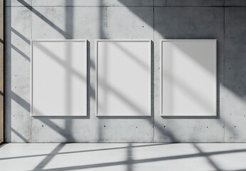 Poster - Modern Concrete Wall with Three Blank Frames Minimalist Architectural Design with Shadow and Natural Light : Generative AI