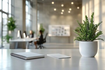 Aufkleber - Modern Office Workspace with Potted Plant and Stationery on Desk Blurred Background for Corporate Interior Design Inspiration : Generative AI