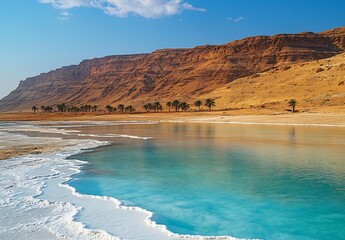 Poster - Dead Sea Shoreline in Israel Serene Landscape of Salt Crystals Turquoise Water and Desert Mountains Travel Destination Photography : Generative AI