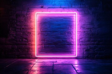 Poster - Neon Frame on Brick Wall with Reflection Vibrant Pink and Blue Colors Modern Interior Design and Abstract Lighting : Generative AI
