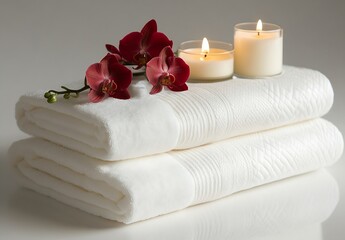 Poster - Spa Day Still Life White Towels Red Orchids and Candle Light for Relaxation and Wellness Photography : Generative AI