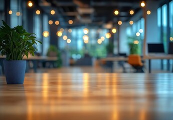 Aufkleber - Blurred Office Space with Plant in Foreground Empty Desks and Bokeh Lights Modern Workplace Corporate Interior Peaceful Setting : Generative AI
