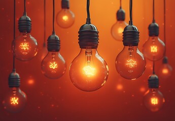 Poster - Glowing Vintage Light Bulbs on Orange Background  Creative Concept of Ideas and Innovation for Business Solutions : Generative AI