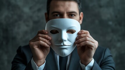 Aufkleber - Person holding a white mask representing duality and mystery with a dark textured backdrop : Generative AI